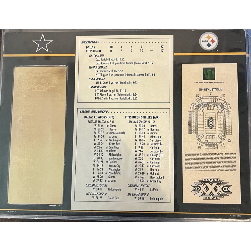 Super Bowl XXX Commemorative Gold Plated Super Bowl Ticket 22KT Willabee & Ward - Picture 8 of 10